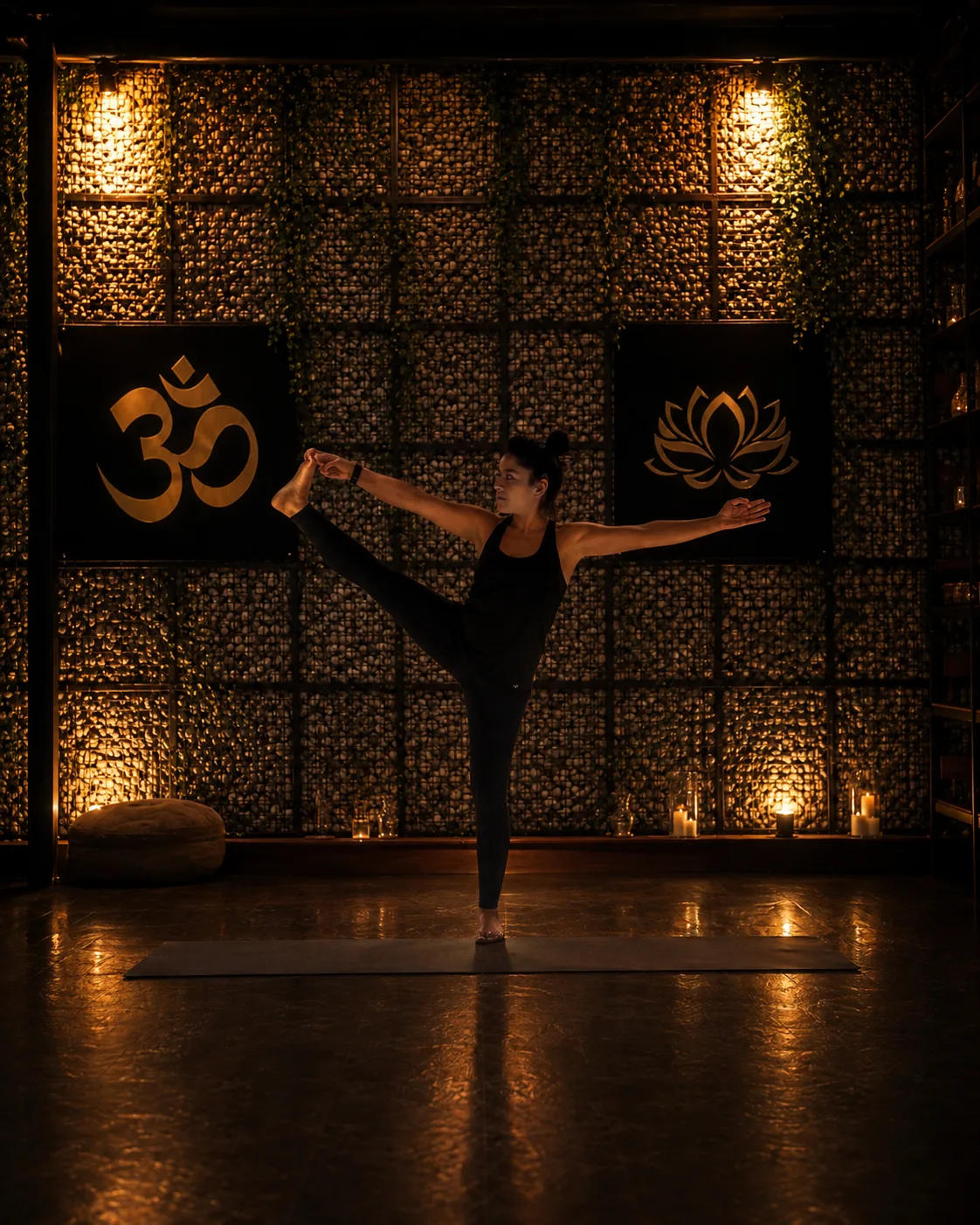 Lesgeefster in de houding van de danser op een mat, voor de stenen wand met het om-teken en de lotus